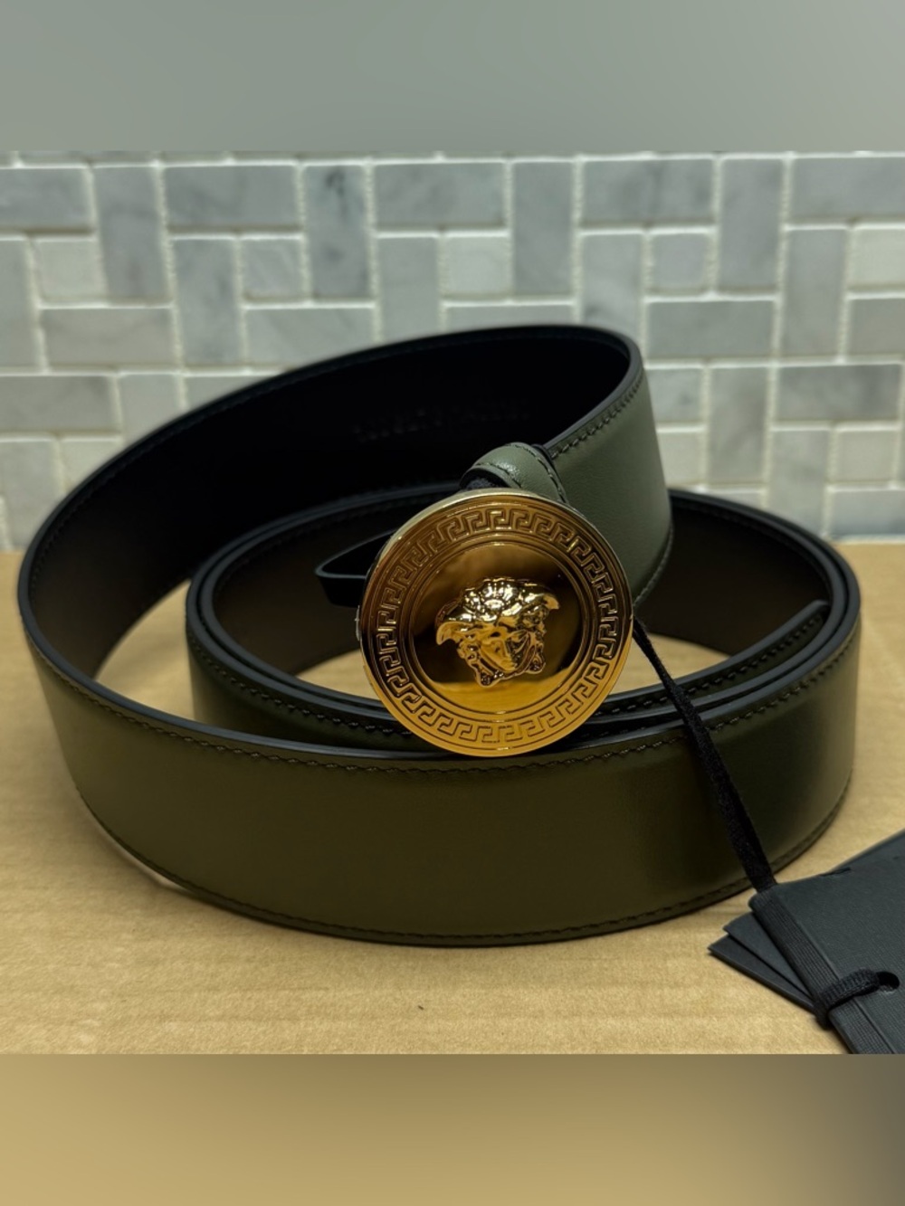 Versace Medusa Belt Dark Olive Black Leather Gold Buckle Size 130 Luxury Design